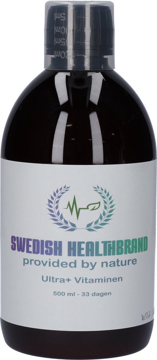 Swedish Healthbrand Ultra Plus Multivitaminen vloeibare vitamine ( NON-GMO ) voor 33 dagen inclusief maatbeker voor inname tegen vermoeidheid, versterkt immuunsysteem, 63 actieve ingredienten, glutenvrij, gistvrij, 500ml inhoud dagelijkse inname 15ml