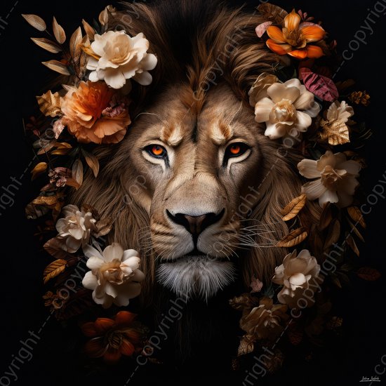 JJ-Art (Canvas) 100x100 | Leeuw met bloemen, geschilderde stijl, kunst, woonkamer slaapkamer | dier, Afrika, vierkant, bruin, rood, oranje, modern | Foto-Schilderij print (wanddecoratie)