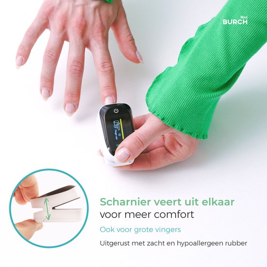Een vinger met een pulsoximeter die de zuurstofverzadiging en hartslag meet.