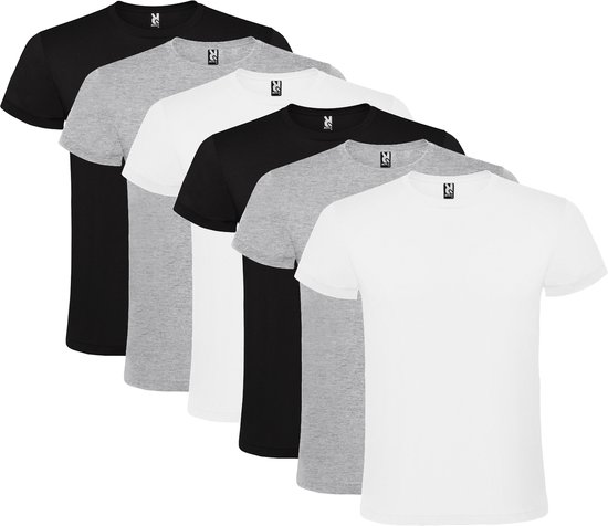 6 Pack Roly Atomic Basic T-Shirt 100% katoen, single jersey, 150 gsm Ronde hals wit / grijs / zwart Maat XL