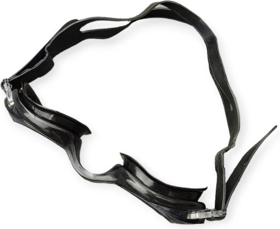 Lunettes de natation noires, sangle et verres détachés sur fond blanc.
