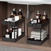 2-laags wastafelrek, 2-laags ondergootsteenrek, ondergootsteenorganizer, onderkastorganisatormand, multifunctioneel voor badkamer, keukenwerkblad, set van 2, zwart