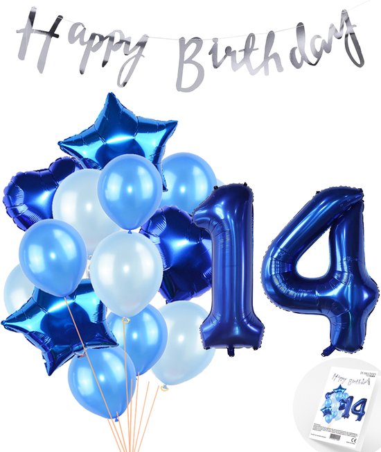 Snoes Ballonnen 14 Jaar Feestpakket – Versiering – Verjaardag Set Mason Blauw Cijferballon 14 Jaar - Heliumballon