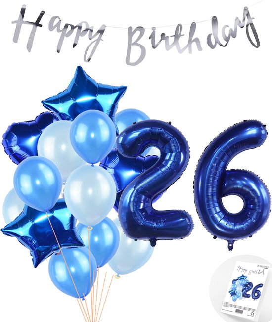 Snoes Ballonnen 26 Jaar Feestpakket – Versiering – Verjaardag Set Mason Blauw Cijferballon 26 Jaar - Heliumballon