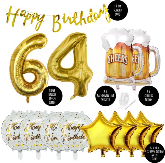 64 Jaar Verjaardag Cijfer ballon Mannen Bier - Feestpakket Snoes Ballonnen Cheers & Beers - Herman