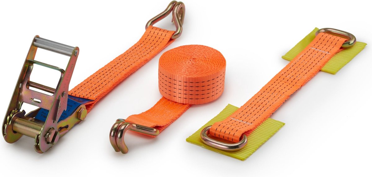 Set van 4 Autospanbanden (Autosjorbanden) 5T – 4,38m x 50mm – 3-Delig – Met Spitshaken – Oranje