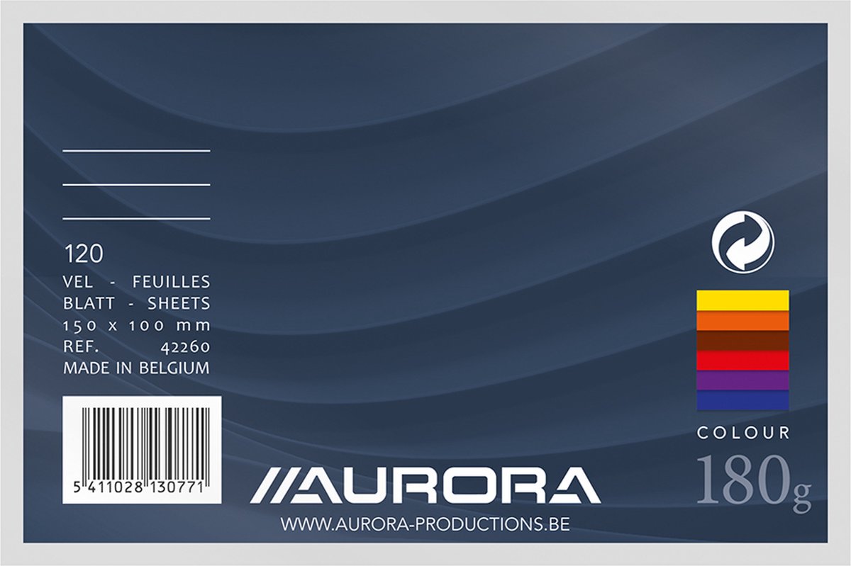 AURORA Systeemkaart 150 x 100 mm gelijnd 6 mm met rode koplijn 190 g/m² - 120 vel - Geassorteerd: 6 kleuren - Aurora