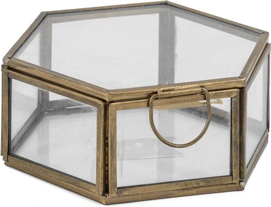 Glazen doosje hexagon met deksel goud