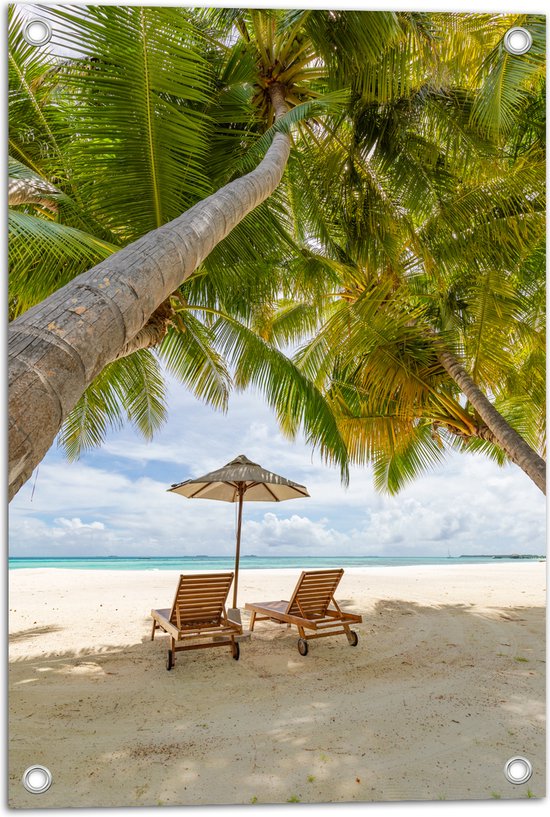 Tuinposter – Schuingroeiende Palmboom boven Ligbedden en Parasol op het Strand - 40x60 cm Foto op Tuinposter (wanddecoratie voor buiten en binnen)