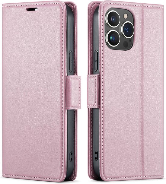 Deux étuis portefeuille rose en similicuir, style livre, fermés, avec découpes pour les appareils photo.
