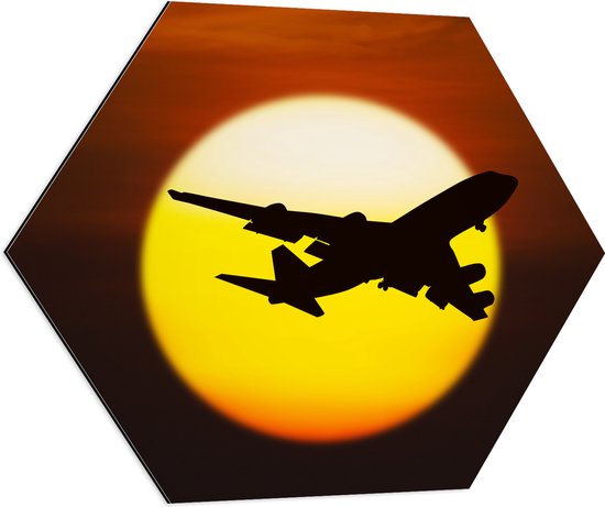 Dibond Hexagon - Silhouet van Passagiersvliegtuig vliegend langs de Horizon - 70x60.9 cm Foto op Hexagon (Met Ophangsysteem)
