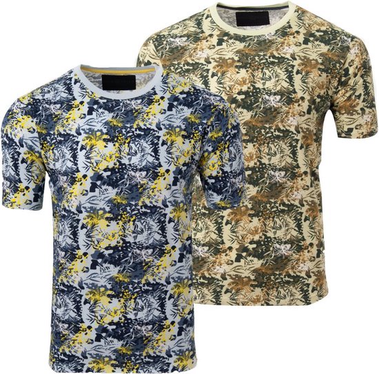 2 Pack Mens Soulstar 100% cotton Printed Camo T-Shirt Casual, 200 gsm fabric quality Maat S , Marineblauw- Khaki