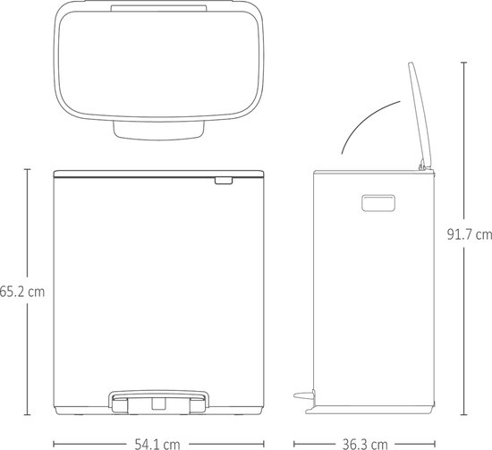 Dessin technique d'une poubelle Brabantia grise avec ses dimensions.