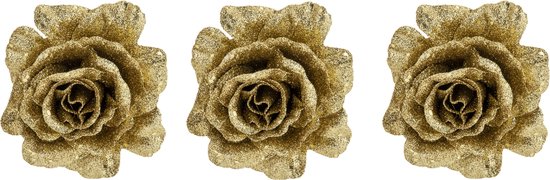 6x stuks decoratie bloemen roos goud glitter op clip 10 cm - Decoratiebloemen/kerstboomversiering/kerstversiering