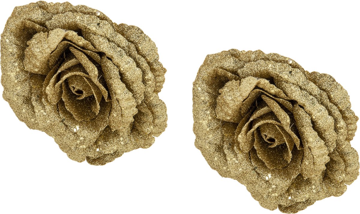 Cosy & Trendy Roos op clip - 2x stuks - goud glitter - 18 cm - decoratiebloem - kerstversiering Goudkleurig