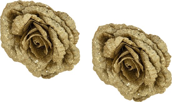 2x stuks decoratie bloemen roos goud glitter op clip 18 cm - Decoratiebloemen/kerstboomversiering/kerstversiering