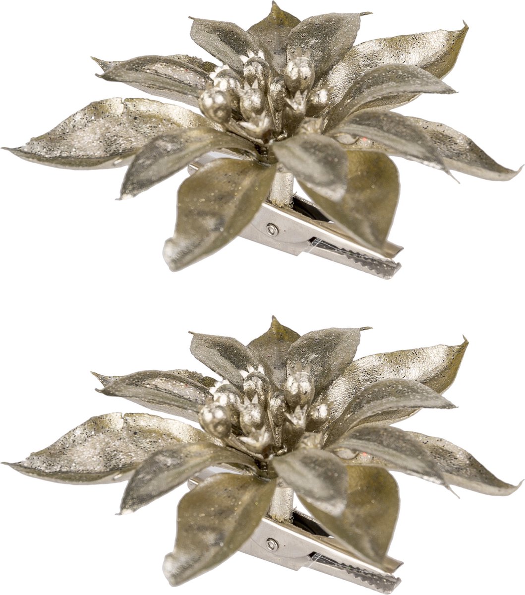Cosy & Trendy kerstster champagne glitter - 2x stuks - 9 cm - op clip - decoratie bloem - kerstboom bloemen