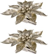 2x stuks decoratie bloemen kerststerren champagne glitter op clip 9 cm - Decoratiebloemen/kerstboomversiering