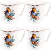 HAES DECO - Mug set de 4 - dim. 13x9x9 cm / 414 ml - coloris Wit / Oranje / Blauw - Imprimé Oiseau - Collection : Mug - Mug set, Coffee mug, Coffee mug