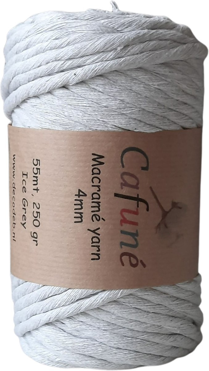 Cafuné Macrame Garen Garen-IJs Grijs-4mm–55 meter-Uitkambaar-Gerecycled katoen-Koord-Touw-Dromenvanger-Wandtapijt