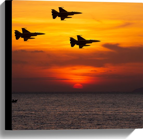 Canvas - Silhouet van Straaljagers boven de Zee tijdens Zonsondergang - 40x40 cm Foto op Canvas Schilderij (Wanddecoratie op Canvas)