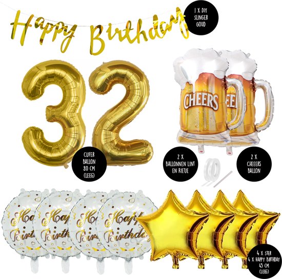 32 Jaar Verjaardag Cijfer ballon Mannen Bier - Feestpakket Snoes Ballonnen Cheers & Beers - Herman