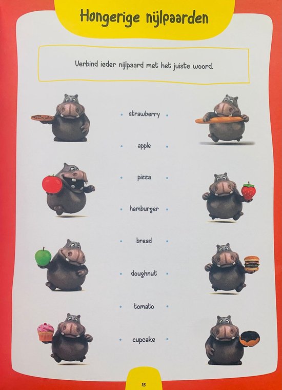 Nijlpaarden met verschillende etenswaren: aardbei, pizza, hamburger, brood, donut, tomaat, cupcake.