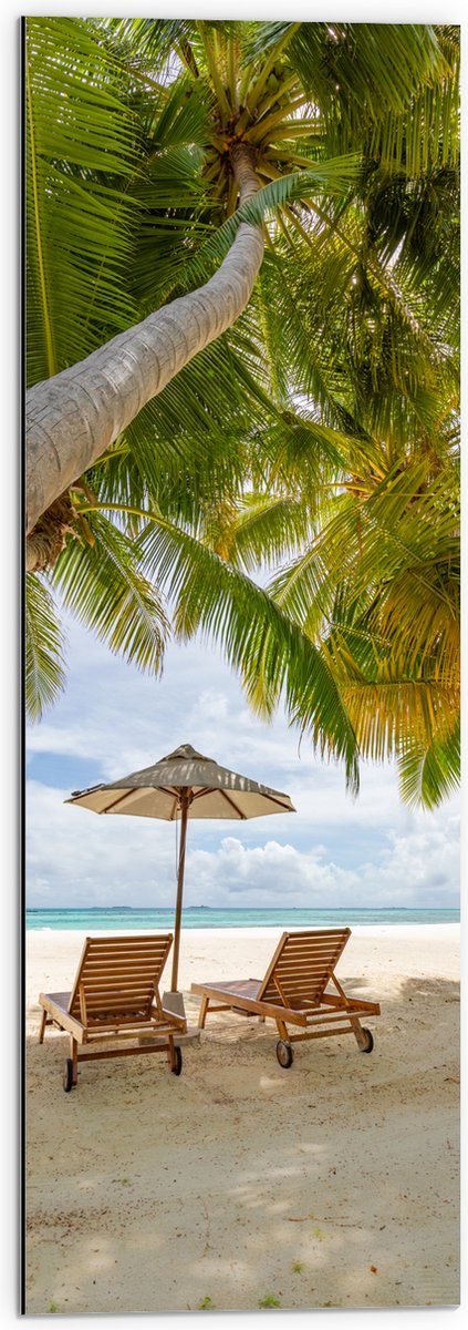 Dibond - Schuingroeiende Palmboom boven Ligbedden en Parasol op het Strand - 30x90 cm Foto