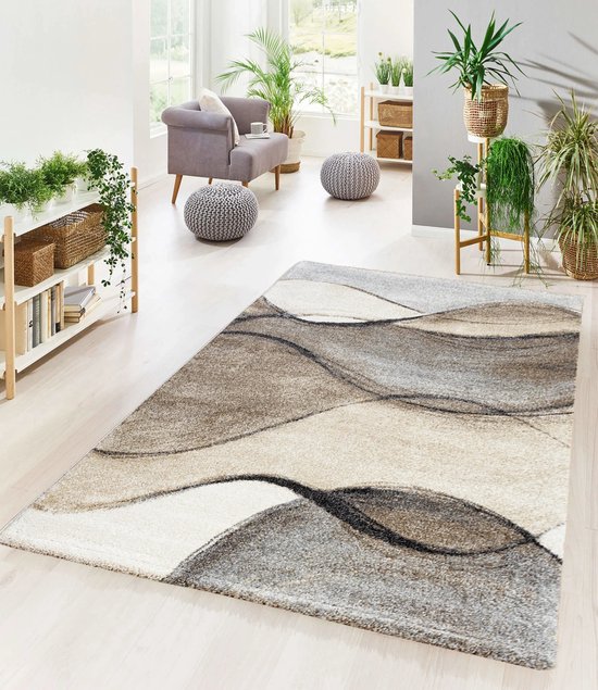 Flycarpets Nida Modern Vloerkleed - 80x150cm - Beige/Grijs - Lijstmotief