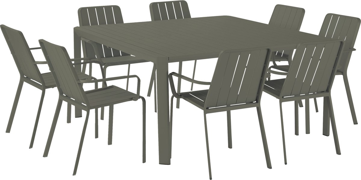NATERIAL - Tuinmeubelset 8 personen IDAHO - Tuintafel 97/149x149x76 cm - Uitschuifbare tafel - Set van 8 tuinstoelen met armleuningen - Stapelbaar - Zitgroep - Tuinset - Aluminium - Donkergroen