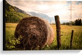 Canvas - Bergen - Landschap - Gras - Hout - Hooi - 60x40 cm Foto op Canvas Schilderij (Wanddecoratie op Canvas)