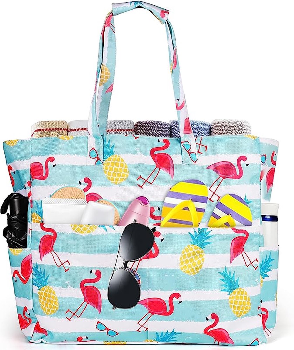 oscaurt Strandtas met strepen Tote Bag Badtas Waterdicht Strandtas Groot met ritssluiting Shopper Tas Dames Strandtas XXL Familie Boodschappentas Schoudertas Uni Tas Reistas, Large