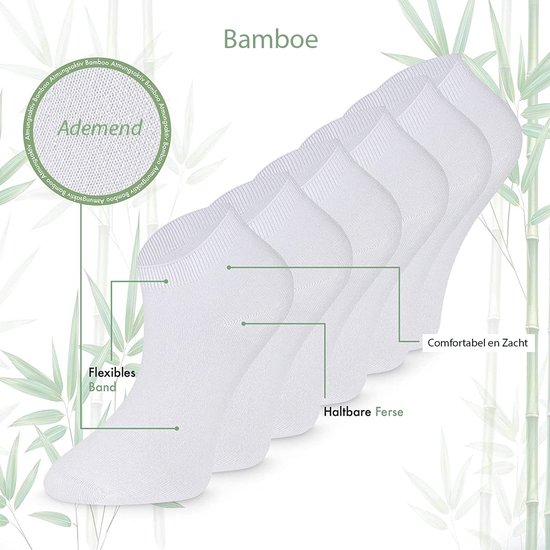 Zes paar witte bamboesokken, ademend en zacht. Met flexibele band en verstevigde hiel.