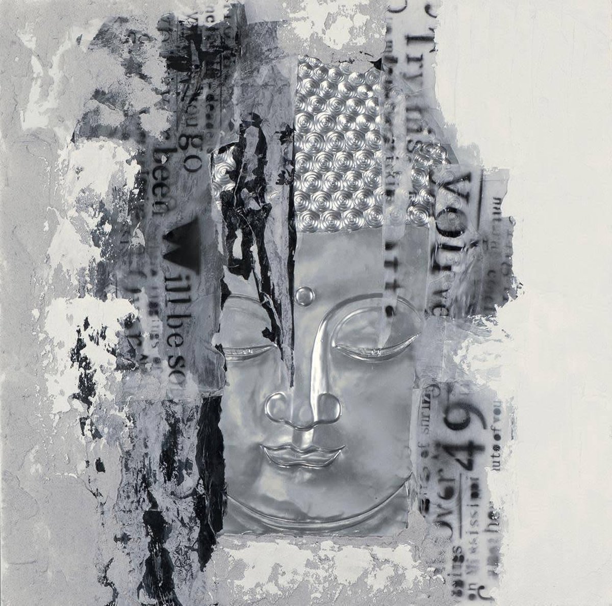 Fine Asianliving Schilderij Boeddha Gezicht Zilver 3D 100x100cm