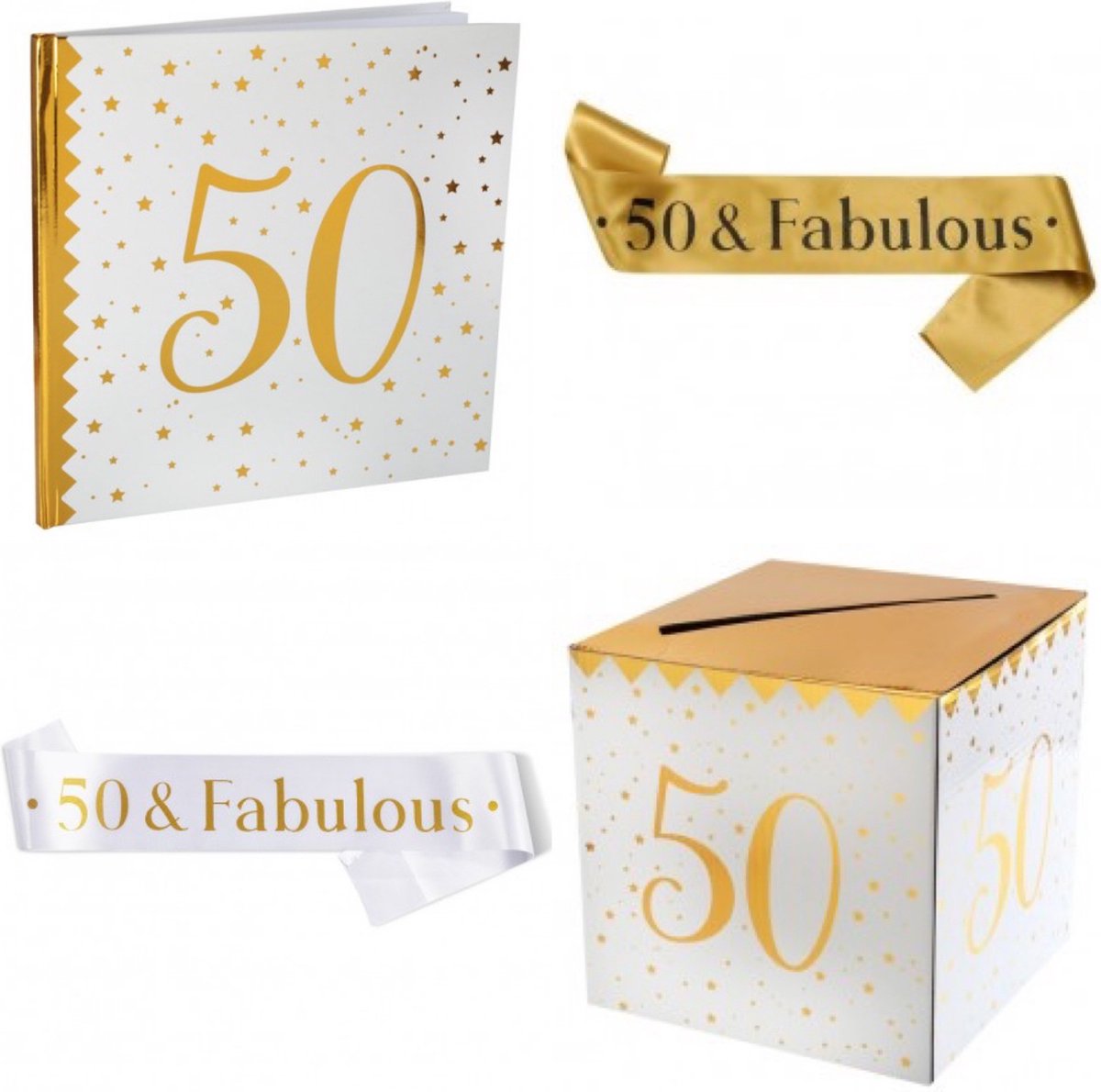 4-delige set voor een 50-jarig jubileum met gastenboek, moneybox en 2 sjerpen - 50 - jubileum - sarah - abraham - goud - gastenboek - moneybox - sjerp