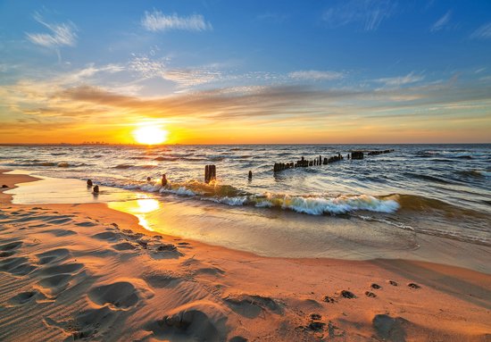 Vliesbehang - Fotobehang - Strand - Zee - Golven - Zand - Zonsondergang - 219x312 cm (Hoogte x Lengte)