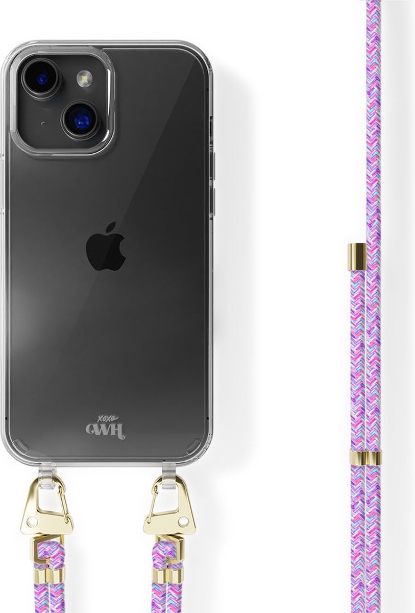 xoxo Wildhearts Purple Fever siliconen hoesje - Geschikt voor iPhone 14 - Hoesje met koord - telefoonkoord - Transparant hoesje - Paars koord
