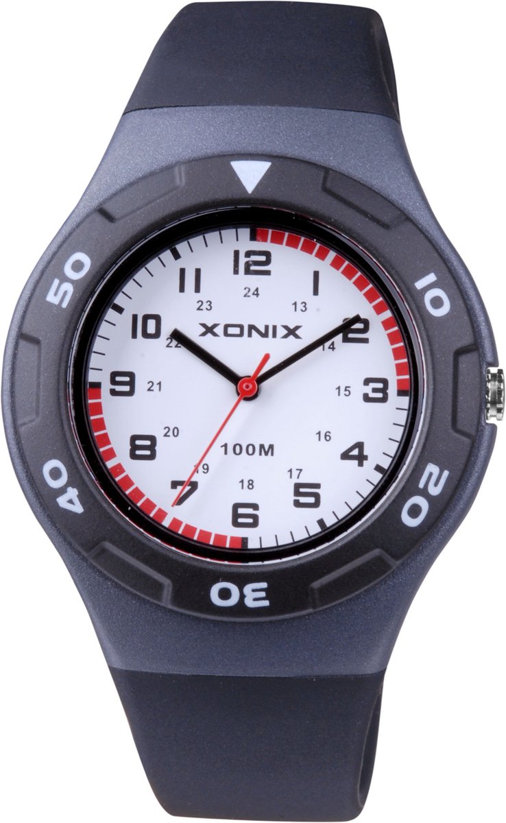 Xonix ABB-007 - Horloge - Analoog - Unisex - Siliconen band - ABS - Cijfers - Streepjes - Waterdicht - 10 ATM - Zwart - Grijs