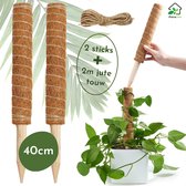 Floracon Mosstok – 2x 40 cm – Kokosvezel – Incl. 200 cm Jute Touw - Plantenstok – Verlengbaar – Mosstok Voor Planten – Plantensteun – Mosstok Monstera – Mosstokken – Kamerplanten - Plantensteunen Voor Klimplanten - Voor Monstera, Pothos en Meer