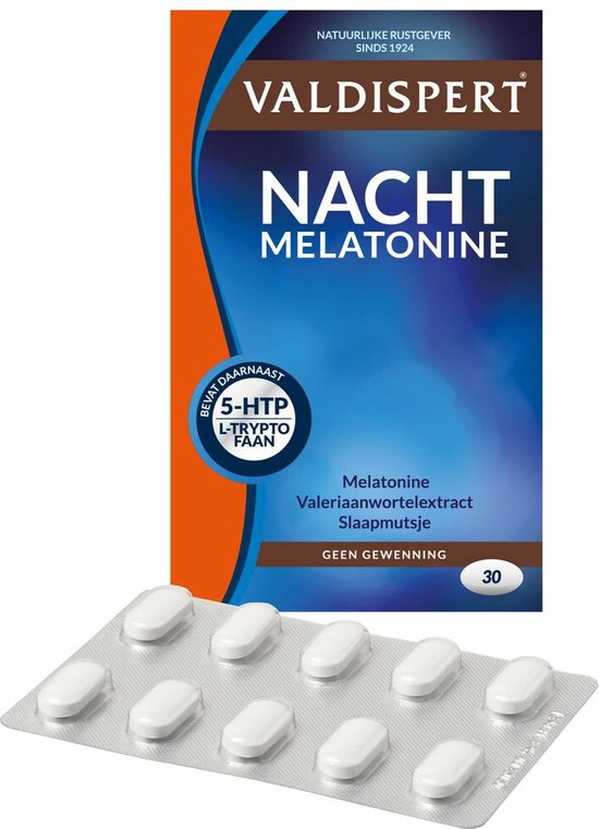 Blauwe doos Valdispert Nacht Melatonine met bloemafbeelding en blister van 10 witte tabletten.