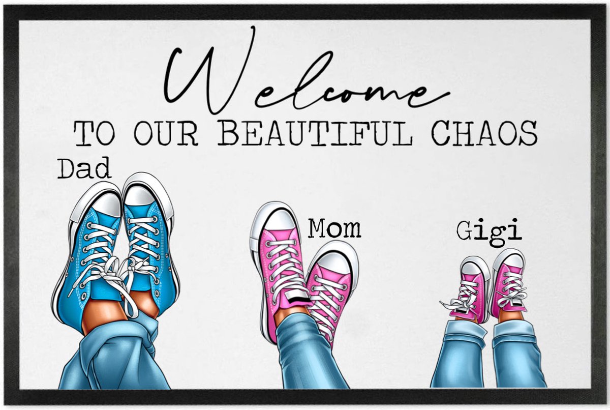 Deurmat persoonlijk Papa Mama Kind | Deurmat Gezin Sneakers | Leuk Cadeau voor een gezin | 70x50cm | Sneakers Lichtblauw Roze