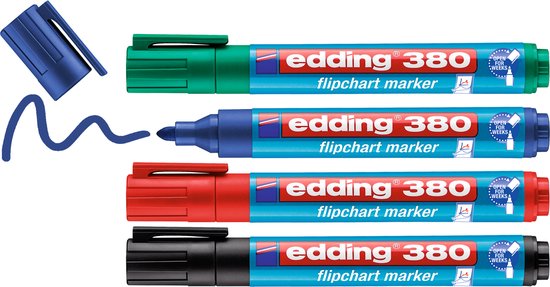 edding 380/4 S flipovermarker set - zwart, rood, blauw, groen - ronde punt 1,5-3mm - gemaakt voor flipcharts - drukt niet door op papier