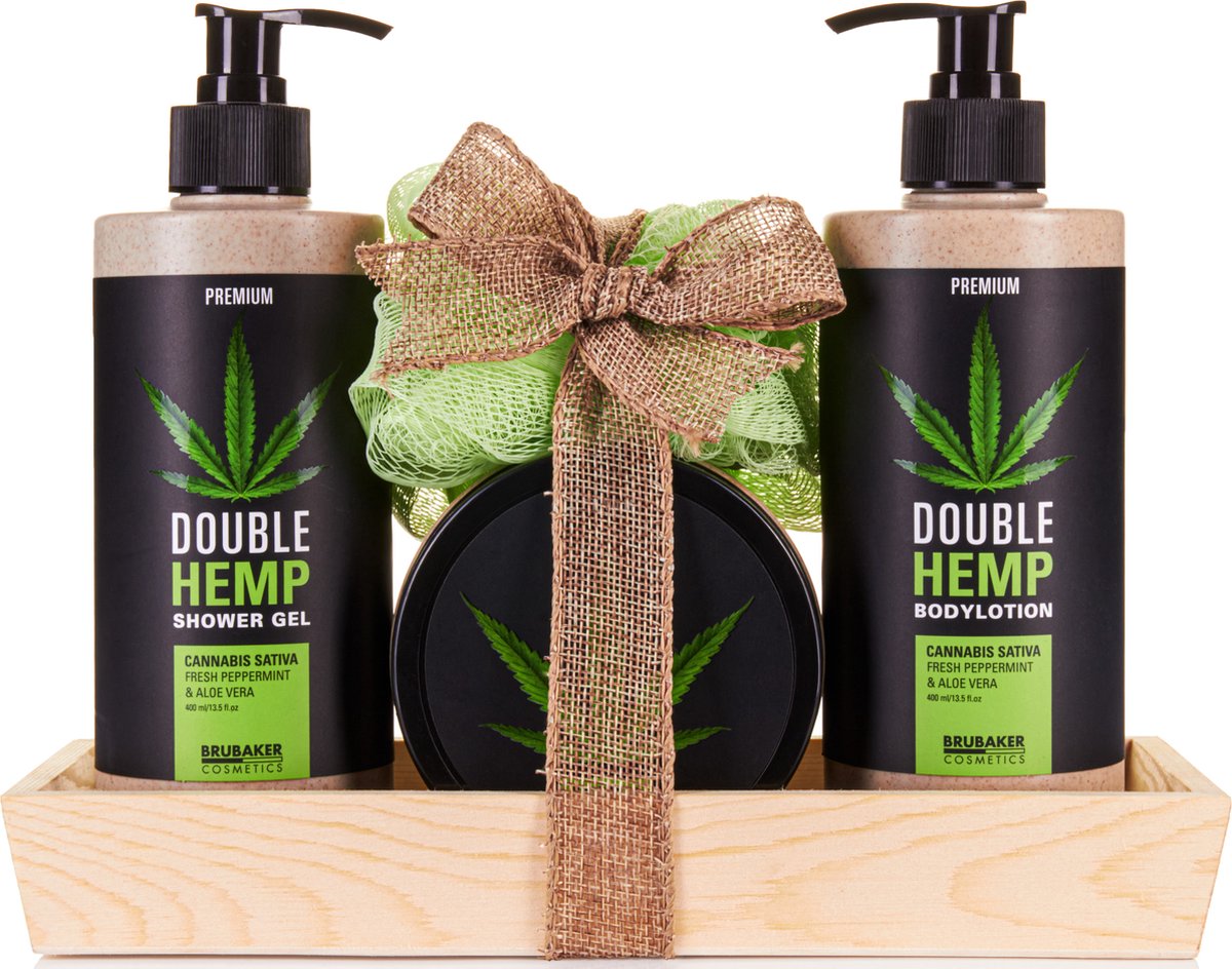 Goedkoopste BRUBAKER Cosmetics Hennepzaadolie Douche en Verzorgingsset - Verse Munt & Aloë Vera - Cadeautip Vrouw - Cadeau Idee - met Houten dienblad