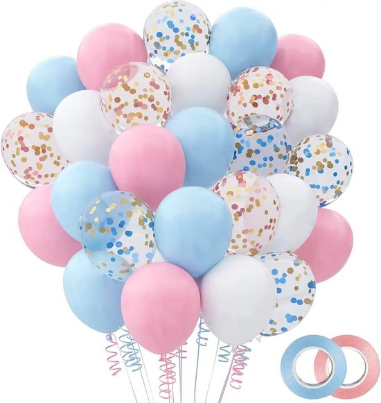 Ballonnen 60 stuks helium Blauw / Roze met lint - Ballonnenpakket voor verjaardag, Jublieum, Babyshower - Gender reveal ballonnen - Ballonnenboog voor gender reveal - Gender reveal party decoratie - Babyshower decoratie - Blauwe en roze ballonnen