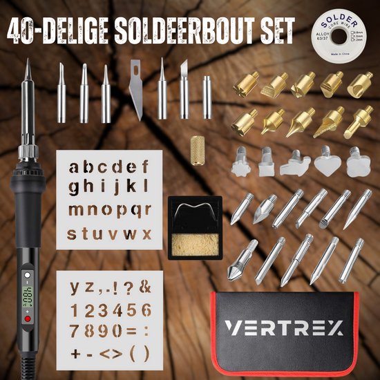 40-delige soldeerset met zwarte soldeerbout, diverse soldeertips, brandijzers, alfabet- en cijferstempels, soldeer en opbergtas.
