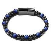 Fako Bijoux - Leren Natuurstenen Armband Heren - Zwart Leer - Zwarte & Lapis Lazuli Natuursteen - 6mm - 21cm - Zwart/Lapis Lazuli