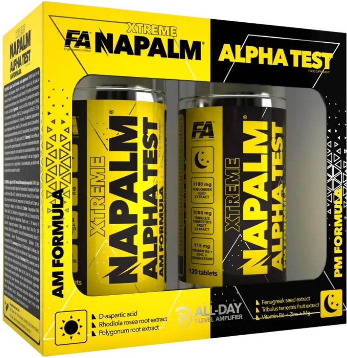 FA Xtreme Napalm Alpha test - AM PM Formula - Testosterone booster - DAA, Fenugreek, Tribulus, vitaminen, mineralen - 240 tabs