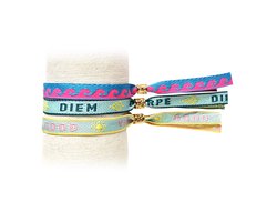 Principessa set van 3 trendy Festival lint armbandjes met tekstlint - Tekst: Waves, Carpe diem, Good vibes - Kleur: Roze, Turquoise, Groen