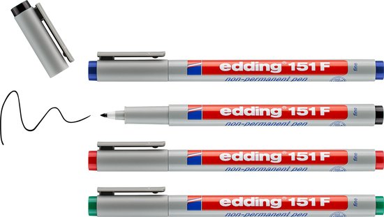 edding 151 S/4 F Non-permanent pen set - assorti 4 stuks: zwart, rood, blauw, groen - 0,3mm