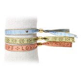 Principessa set van 3 trendy Festival lint armbandjes met tekstlint - Tekst: Good Vibes, Floral, Faith Hope Love - Kleur: Lichtblauw, Lichtgroen, Peach